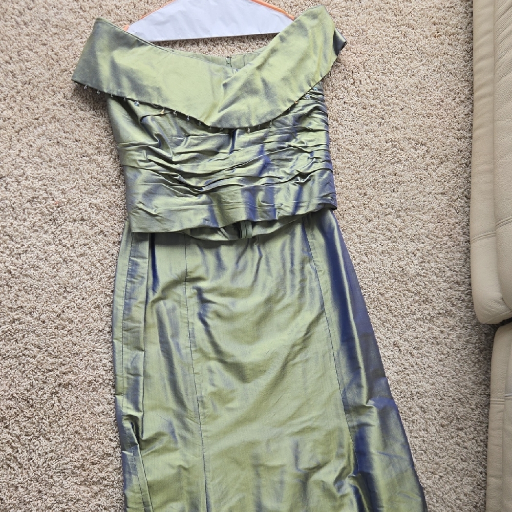Italian Leather With Swarovski Detail Light Green/blue Hue Off-Shoulder Dress